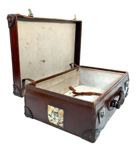 Antique Brown Leather Gentleman's Travel Suitcase / Trunk / Bag / Large c.1900